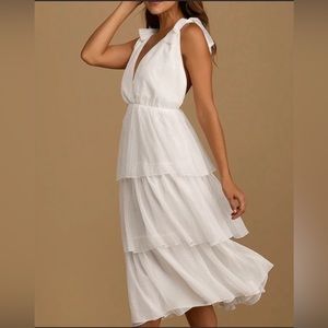 Lulus- Made A Wish- White Swiss Dot Tiered Tied-Strap Midi Dress